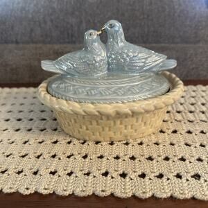 Vtg Poppytrail Metlox Iridescent Lovebirds on Nest Trinket Dish 6.75" x 5.5"